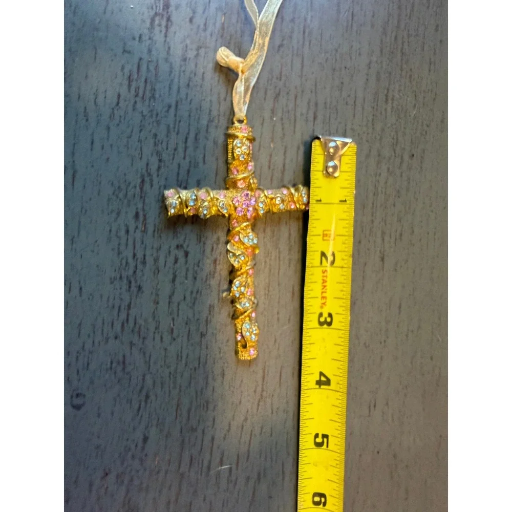 Vintage Gold Tone Rhinestone Cross Ornament Pink Blue Crystal Vine Wrap 3.5 Inch